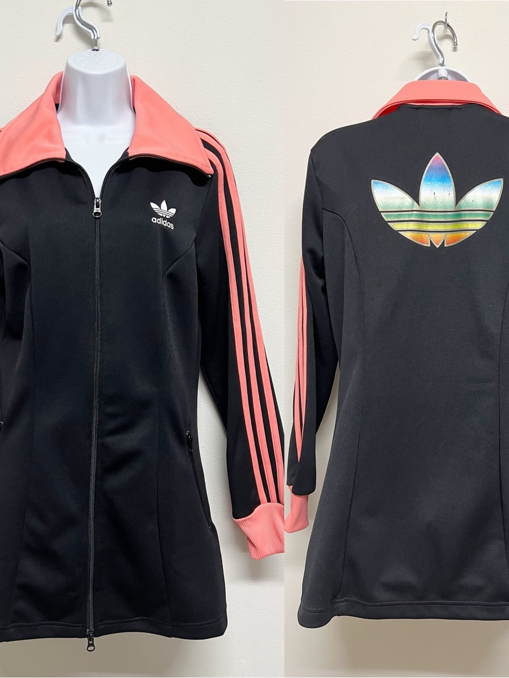 Adidas Vintage Y2K Black Pink Three Stripes Trefoil Two Way Zip Track Jacket